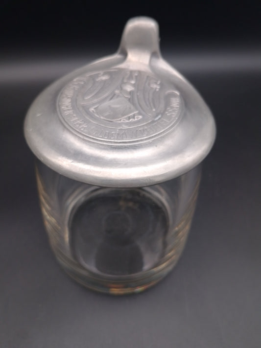 Studentika Glas Bierkrug mit Zinndeckel aus dem Jugendstil