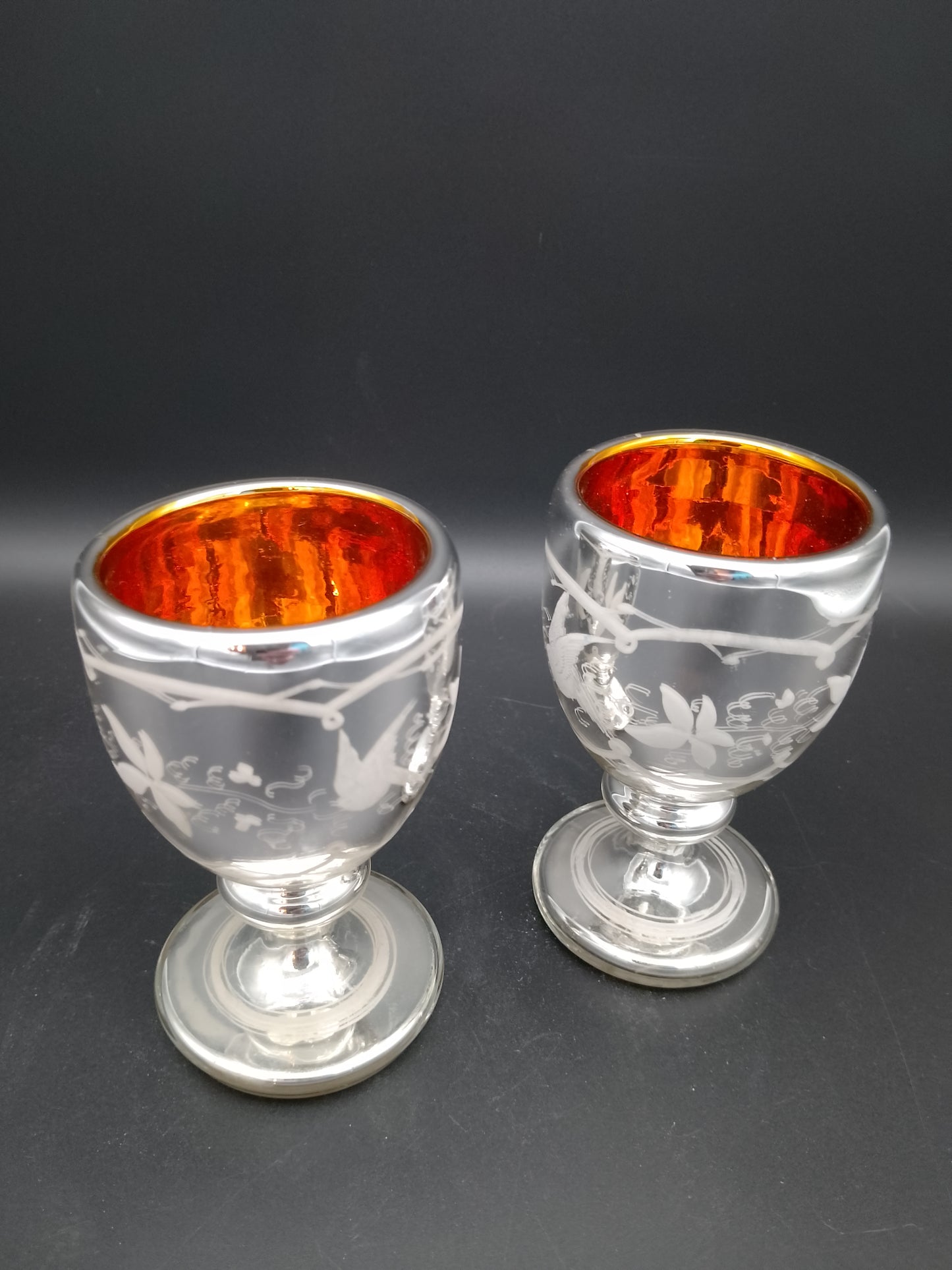 2 Glas Kelche Bauernsilber mit Schneemalerei innen gold - Antik Böhmen Mähren 1880-1900