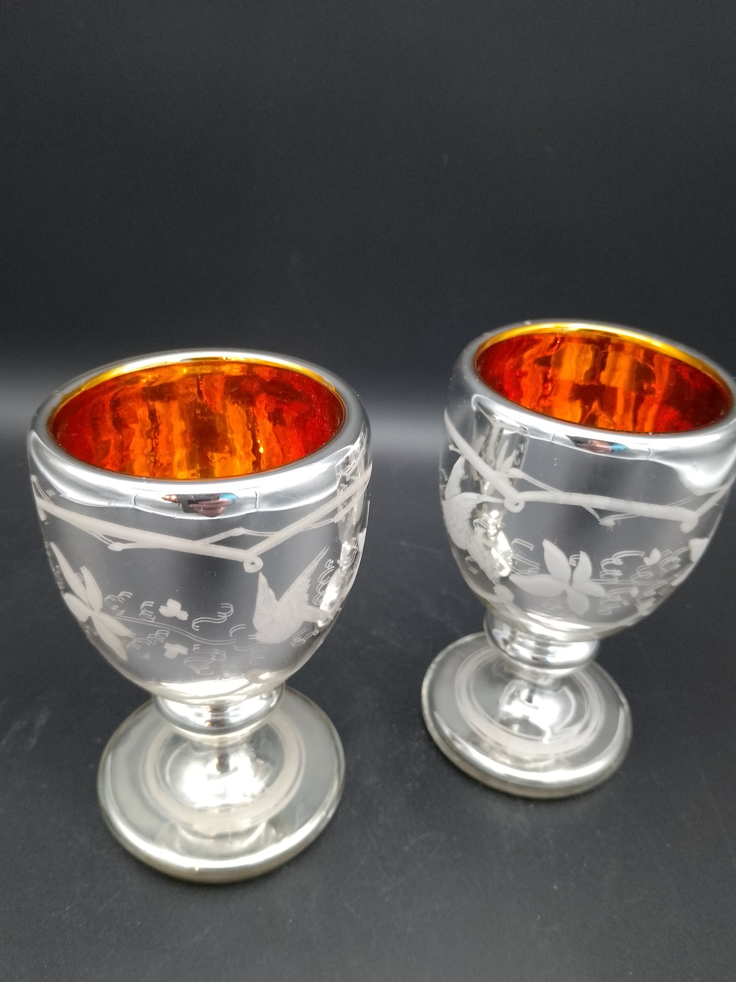 2 Glas Kelche Bauernsilber mit Schneemalerei innen gold - Antik Böhmen Mähren 1880-1900