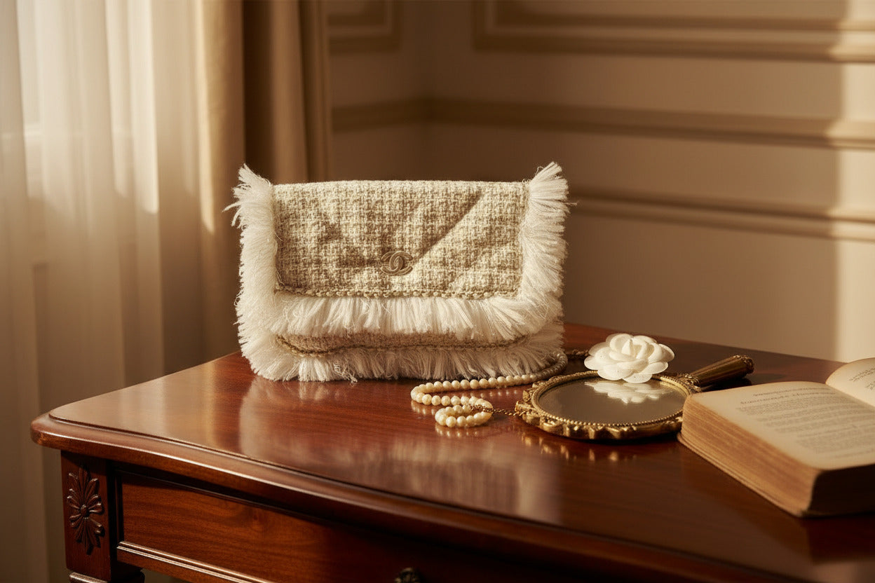 Chanel Paris Cosmopolite - Helle cremfarbene weiße Tweed Fransen Clutch. Statement