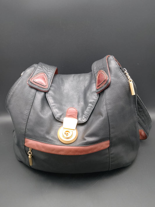 Lederhandtasche von Fancy schwarz mit hellbraun Aplikationen