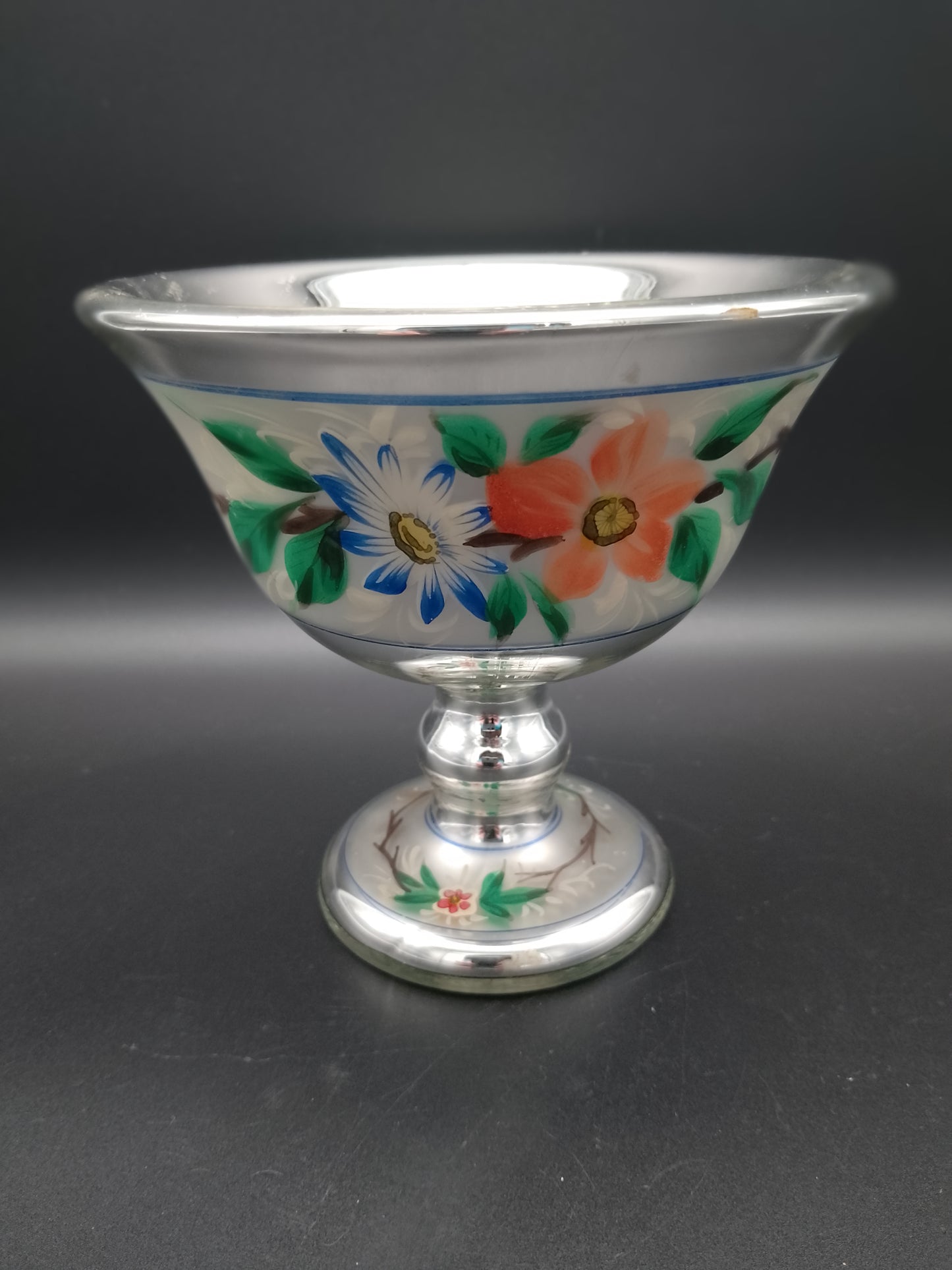 Bauernsilber Fußschale floral bemahlt ca. 1880-1900