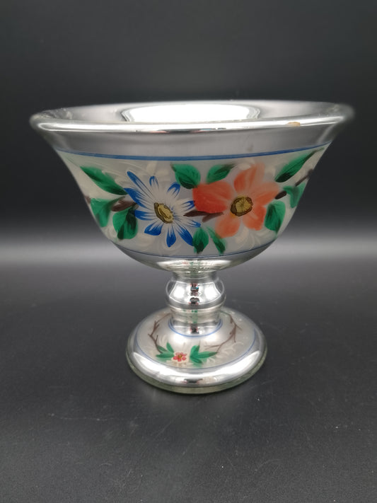 Bauernsilber Fußschale floral bemahlt ca. 1880-1900