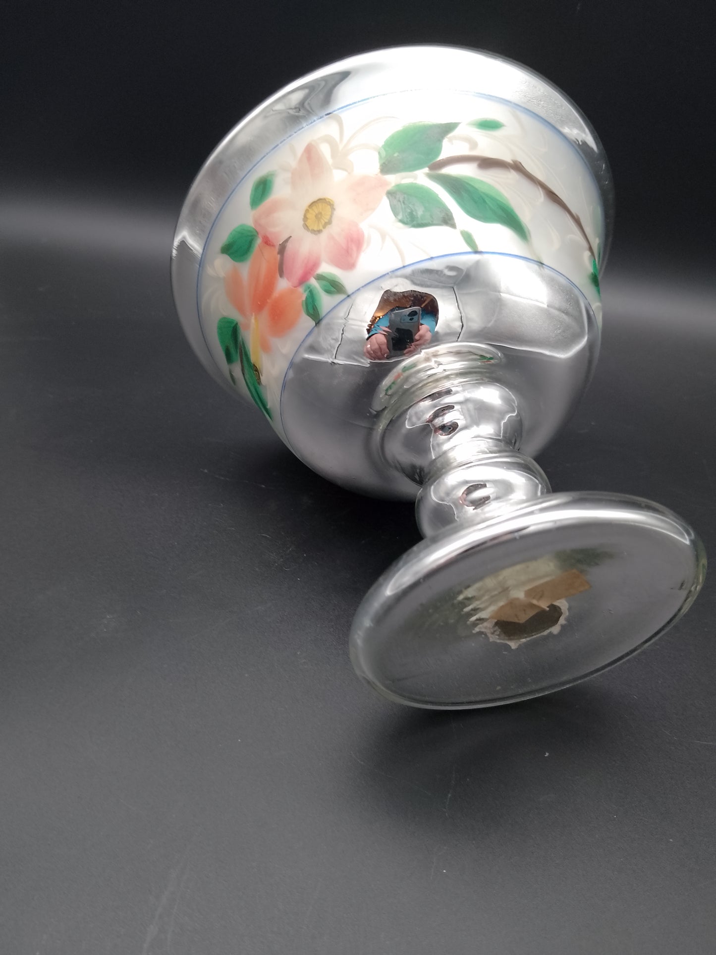 Bauernsilber Fußschale floral bemahlt ca. 1880-1900