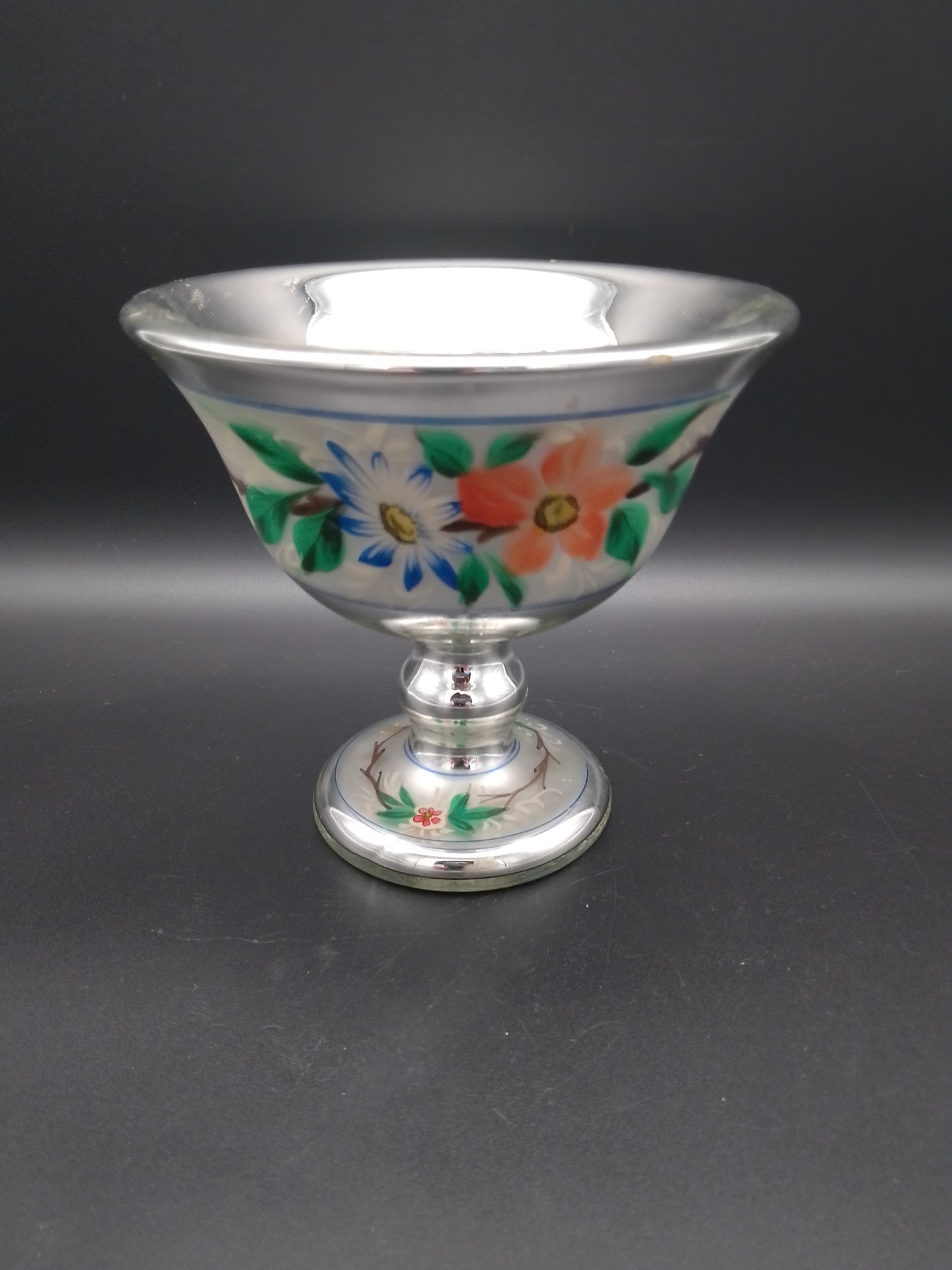 Bauernsilber Fußschale floral bemahlt ca. 1880-1900