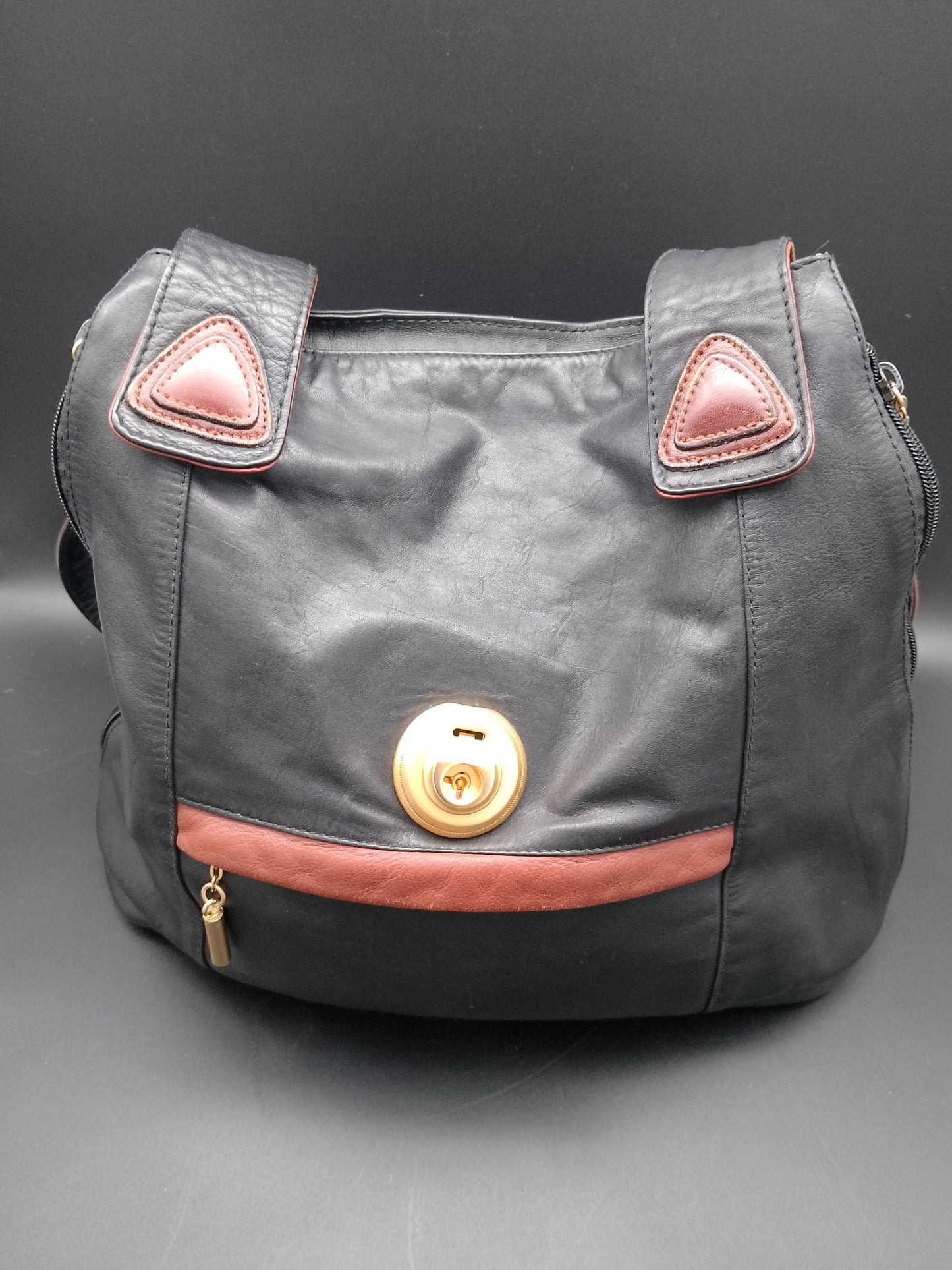 Lederhandtasche von Fancy schwarz mit hellbraun Aplikationen